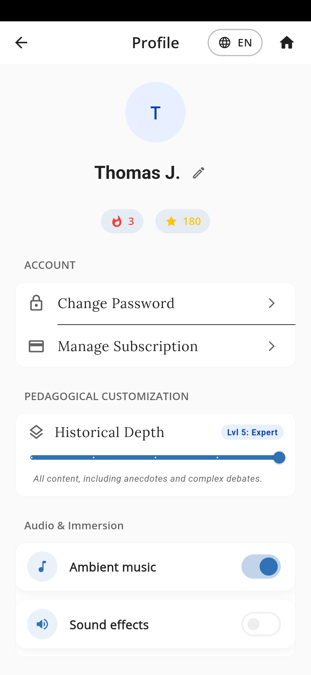 Historical depth level selection